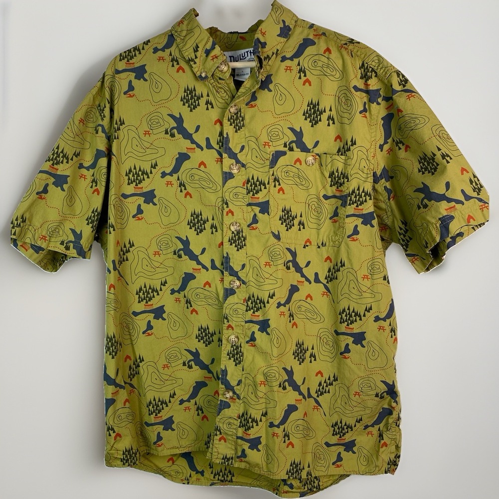Duluth Trading Co Men's L Untucked Relaxed Fit Green Camp Map Button Up Shirt